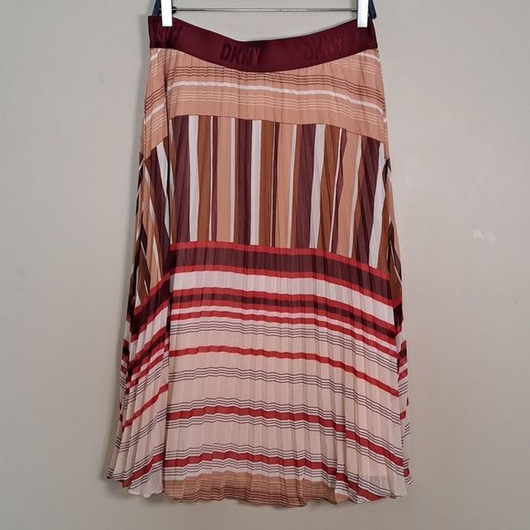 DKNY Chiffon Stripe Print Pleated A-Line Midi Skirt Large - Picture 7 of 10